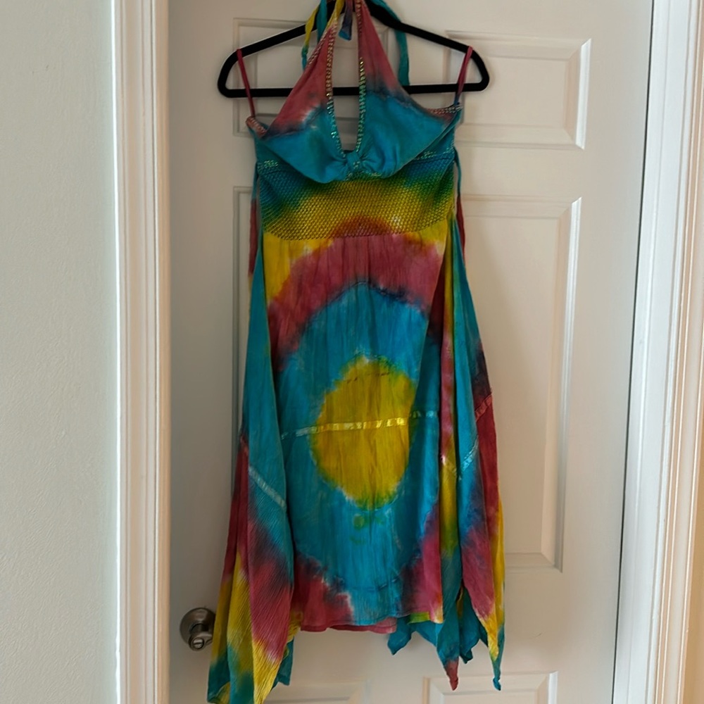 Fun tie dye hankerchief halter dress/cover up with sequined neckline